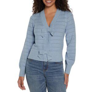 Express Women's Bow Cardigan Size Large Powder Blue Deep V-Neck Button Up